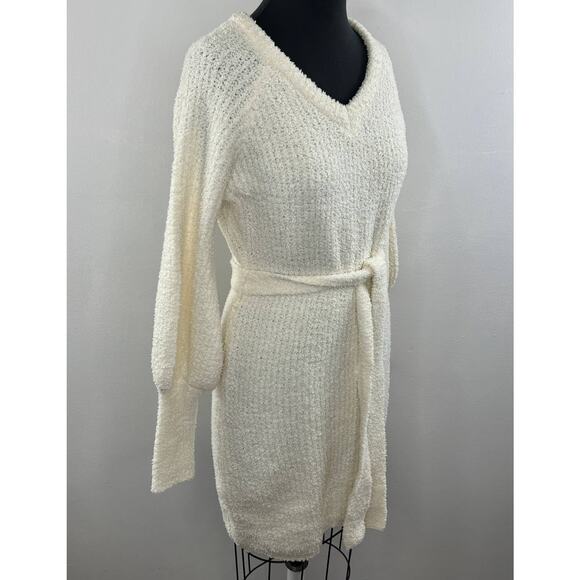 EMMA & POSH Off White Boucle Knit VNeck Balloon Sleeve Tie Waist Sweater Dress M - Picture 3 of 7